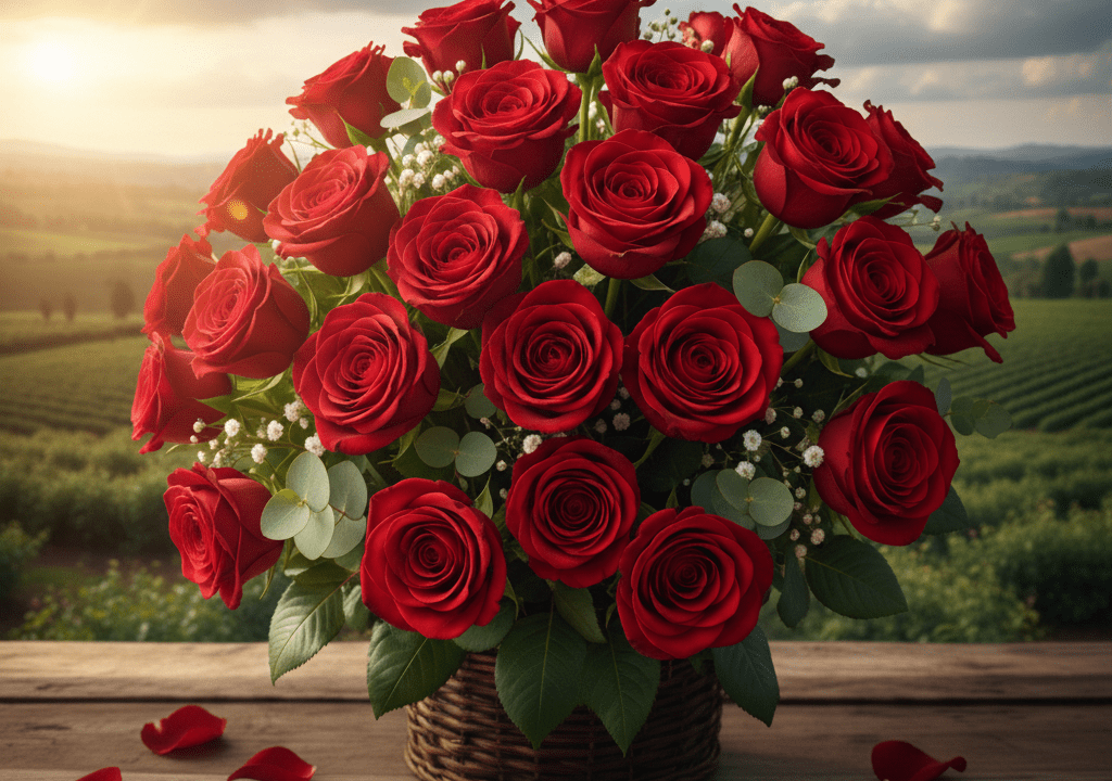 A lush bouquet of premium red roses with baby's breath and eucalyptus leaves, arranged in a woven basket on a rustic wooden table, set against a blurred background of a scenic Kenyan flower farm at sunrise.