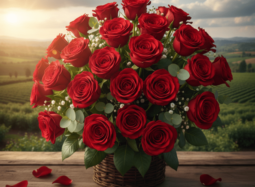A lush bouquet of premium red roses with baby's breath and eucalyptus leaves, arranged in a woven basket on a rustic wooden table, set against a blurred background of a scenic Kenyan flower farm at sunrise.