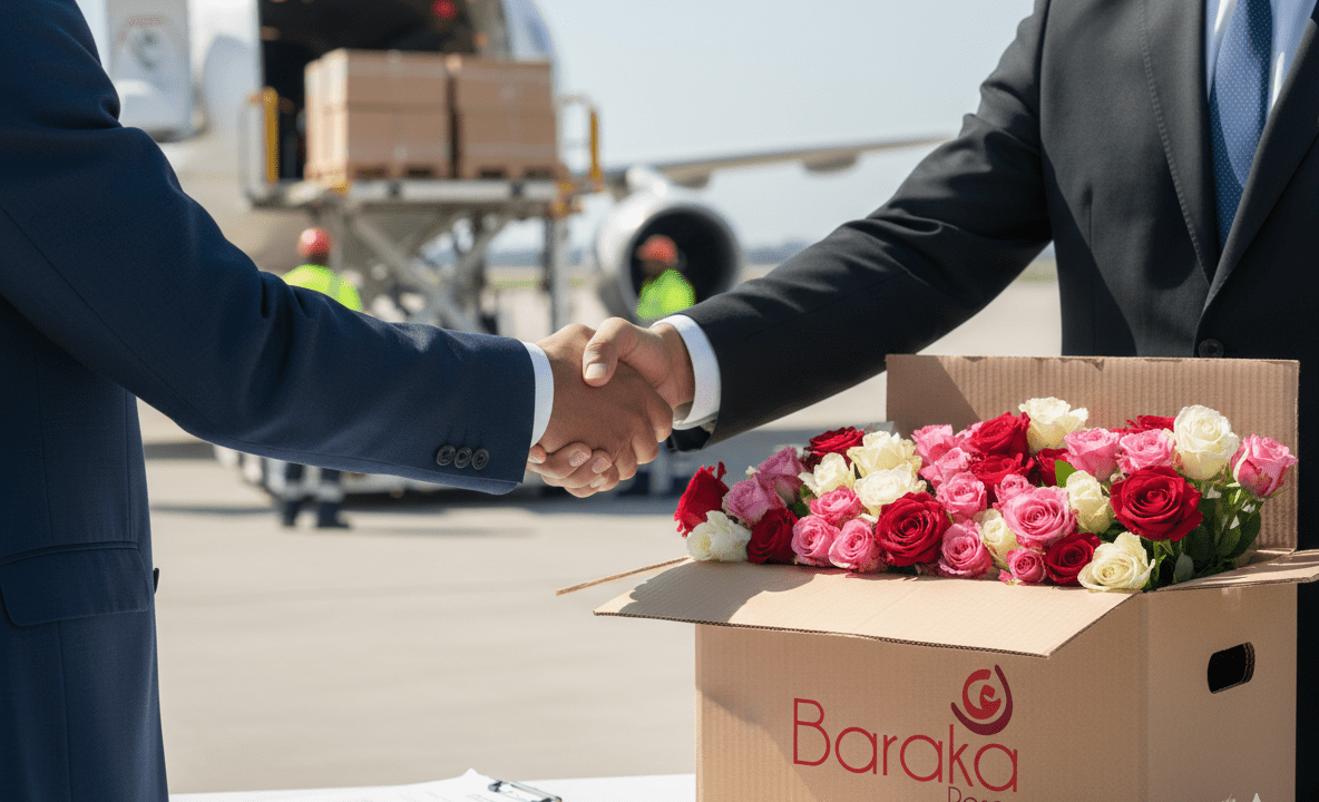 Two business professionals in suits shaking hands over a contract and a box of premium Baraka Roses, with a cargo airplane being loaded with flower exports in the background at an airport tarmac.