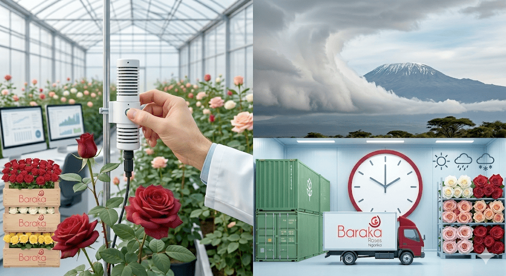 A professional multi-panel grid showcasing Baraka Roses' advanced supply chain: a laboratory-coated specialist adjusts a high-tech climate sensor in a sunlit rose greenhouse, a dramatic view of clouds over a mountain peak representing environmental monitoring, and a logistics bay featuring the Baraka Roses Ngorika logo on delivery trucks and stacked flower crates alongside shipping containers.