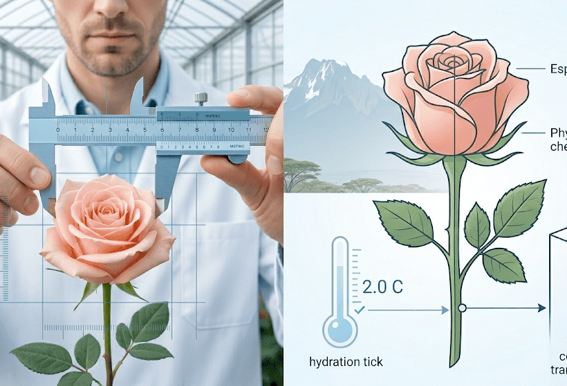 A technical B2B quality control scene featuring a specialist using a metal caliper to precisely measure the bud diameter of a premium rose. The image includes a detailed botanical diagram of a rose with technical annotations for hydration and phytosanitary checkmarks, alongside a cold chain transport box and a thermometer set to a strict 2.0°C benchmark.