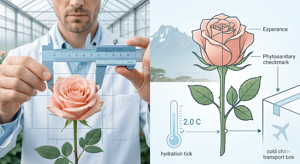 A technical B2B quality control scene featuring a specialist using a metal caliper to precisely measure the bud diameter of a premium rose. The image includes a detailed botanical diagram of a rose with technical annotations for hydration and phytosanitary checkmarks, alongside a cold chain transport box and a thermometer set to a strict 2.0°C benchmark.