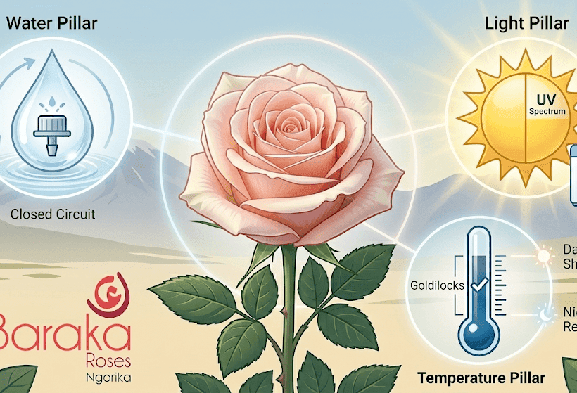 A stylized B2B infographic illustrating the three environmental pillars essential for perfect rose cultivation at high altitude. A central perfect pastel-pink rose is surrounded by glowing circular icons representing precision drip irrigation (Water), optimal UV spectrum natural sunlight (Light), and strict cold chain maintenance and climate control (Temperature). The entire composition is built in the clean, technical graphic aesthetic of image_0.png and image_1.png, anchored by the Baraka Roses Ngorika logo.