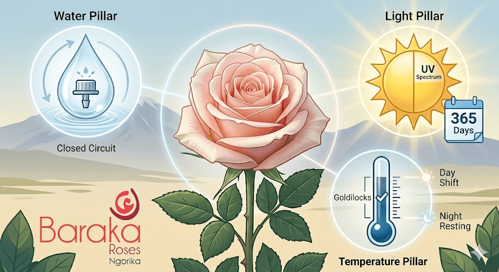 A stylized B2B infographic illustrating the three environmental pillars essential for perfect rose cultivation at high altitude. A central perfect pastel-pink rose is surrounded by glowing circular icons representing precision drip irrigation (Water), optimal UV spectrum natural sunlight (Light), and strict cold chain maintenance and climate control (Temperature). The entire composition is built in the clean, technical graphic aesthetic of image_0.png and image_1.png, anchored by the Baraka Roses Ngorika logo.
