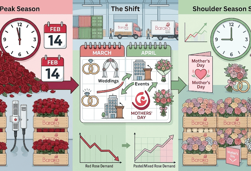 A detailed infographic-style multi-panel visualization of the post-Valentine floral market shift. It compares a massive pile of deep red roses and celebratory Valentine's icons from the FEB 14 peak with a highly organized post-harvest facility. A central calendar and graph illustrate the dramatic transition, showing red rose demand decreasing as the demand for diverse, pastel-colored wedding, corporate, and Mother’s Day varieties steadily rises. Neat, branded Baraka Roses Ngorika crates filled with mixed spring colors are featured prominently in the 'Shoulder Season' panel.