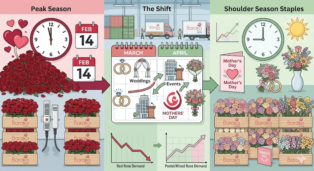 A detailed infographic-style multi-panel visualization of the post-Valentine floral market shift. It compares a massive pile of deep red roses and celebratory Valentine's icons from the FEB 14 peak with a highly organized post-harvest facility. A central calendar and graph illustrate the dramatic transition, showing red rose demand decreasing as the demand for diverse, pastel-colored wedding, corporate, and Mother’s Day varieties steadily rises. Neat, branded Baraka Roses Ngorika crates filled with mixed spring colors are featured prominently in the 'Shoulder Season' panel.